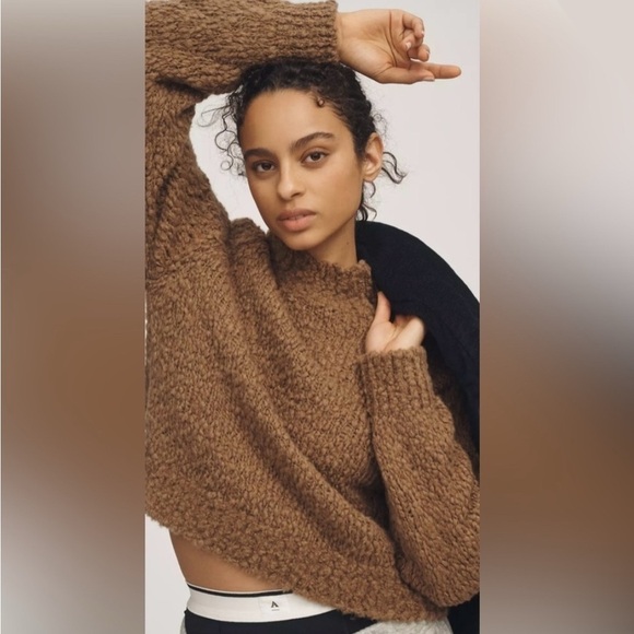 Maeve Sweaters - Maeve Small Textured Mock Neck Sweater ~ Brown Cropped Wool Minimal Cozy